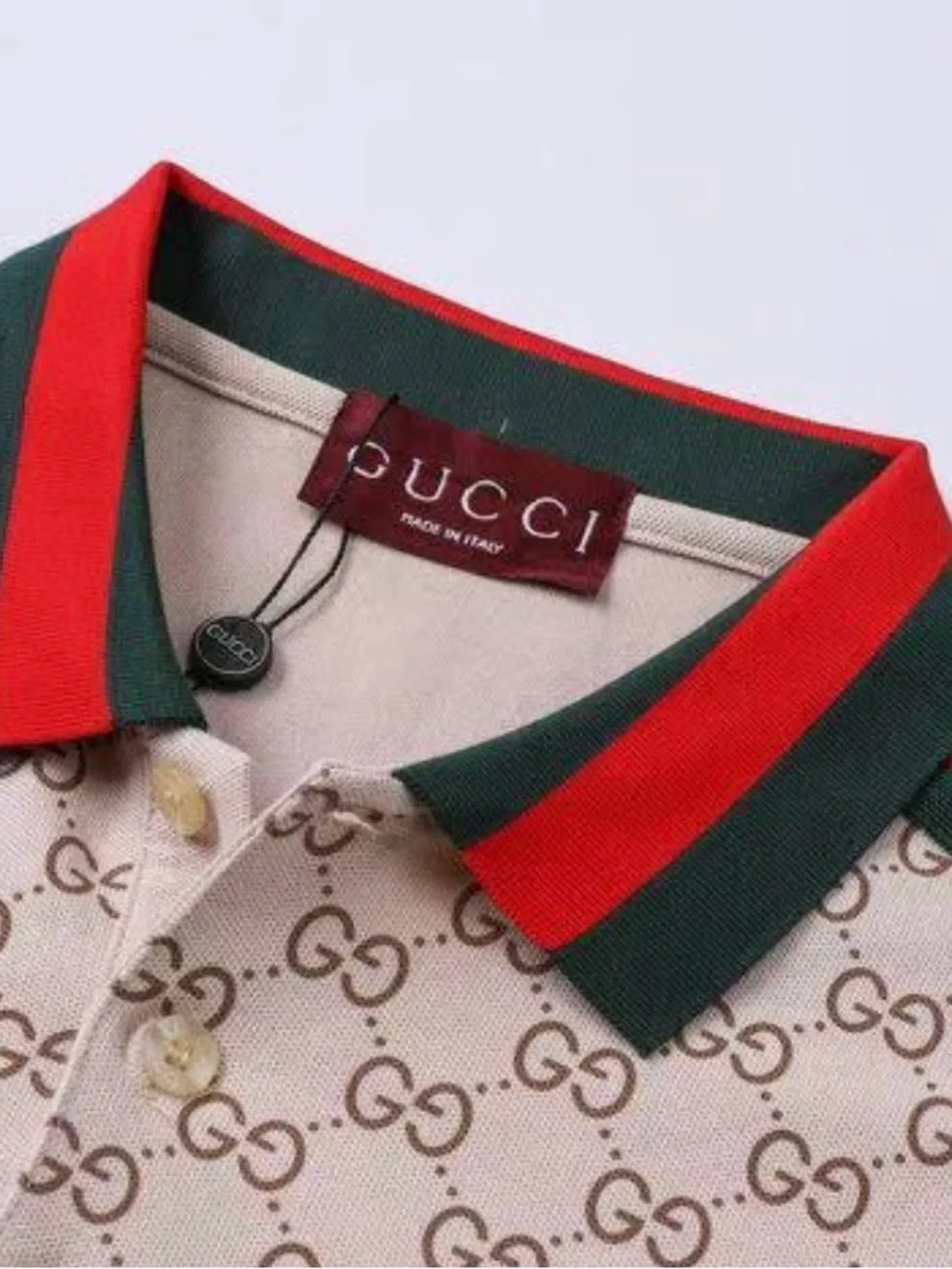 Gucci Beige Monogram Polo with Red and Green Stripe Trim